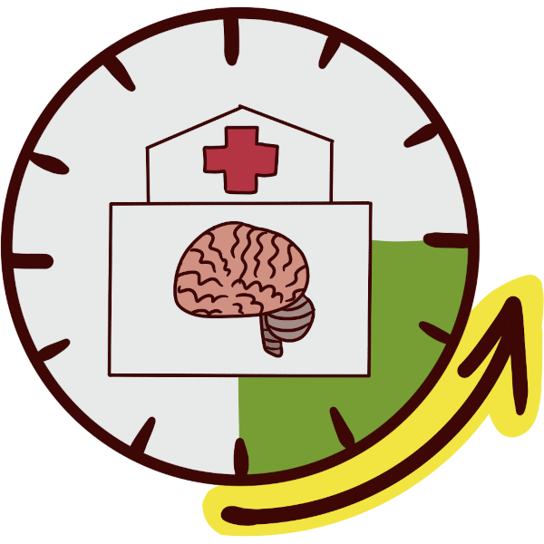 image of a white clock face with a section taken out of it, that is colored green. on the clock face is a a building with a red cross and a brain on it, representing a psychiatric hospital. a highlighted arrow circles the clock